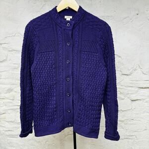 LL BEAN Sweater Womens M Button Up Cable Knit Cardigan Cotton Purple